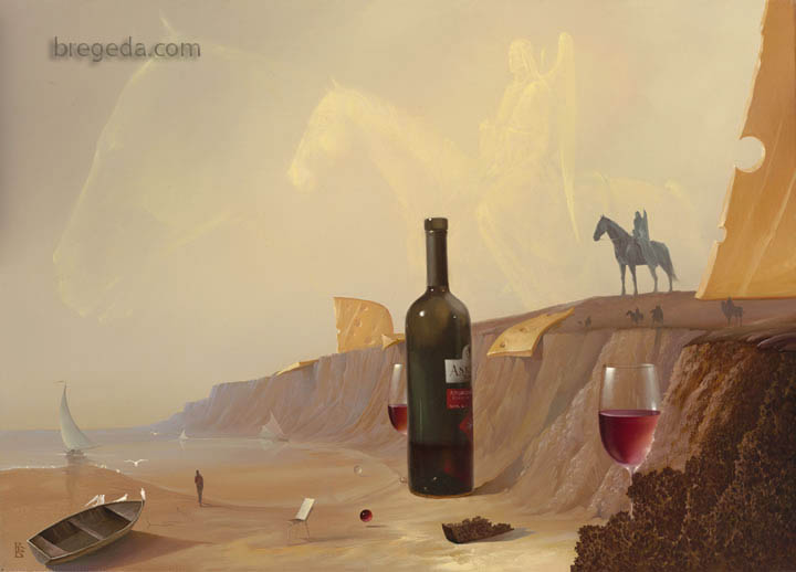 This piece is a powerful depiction of sources of inspiration. There are multiple influences throughout the painting that channel a level of creativity. 

Notice the angel in the sky perhaps symbolizing a spiritual influence. The other hints prove to be a tad more decadent. 

Notice the wine and cheese tempting the viewer with its satisfying realness. Upon closer look, we notice a fish outlined along the shore, further exemplifying the refined taste of this inspirational source.

It becomes apparent to the viewer that this is where comfort is found and imagination can be free to roam.